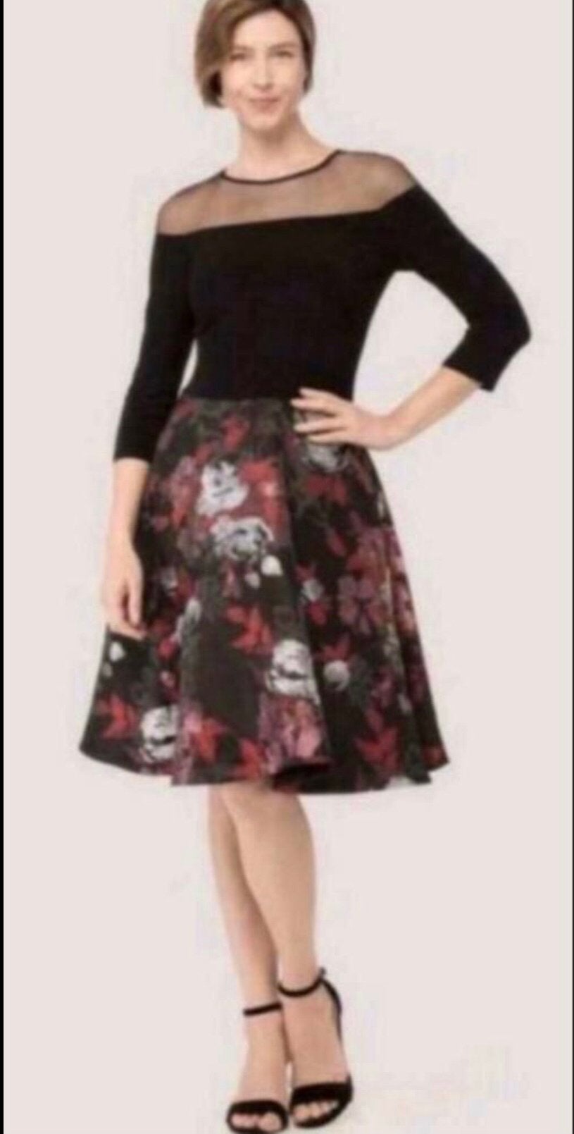 Ribkoff luxe jurk zwarte top 3/4 mouw organza bloemen rok 38, Maat 38/40 (M), Nieuw, Onder de knie, Meerkleurig