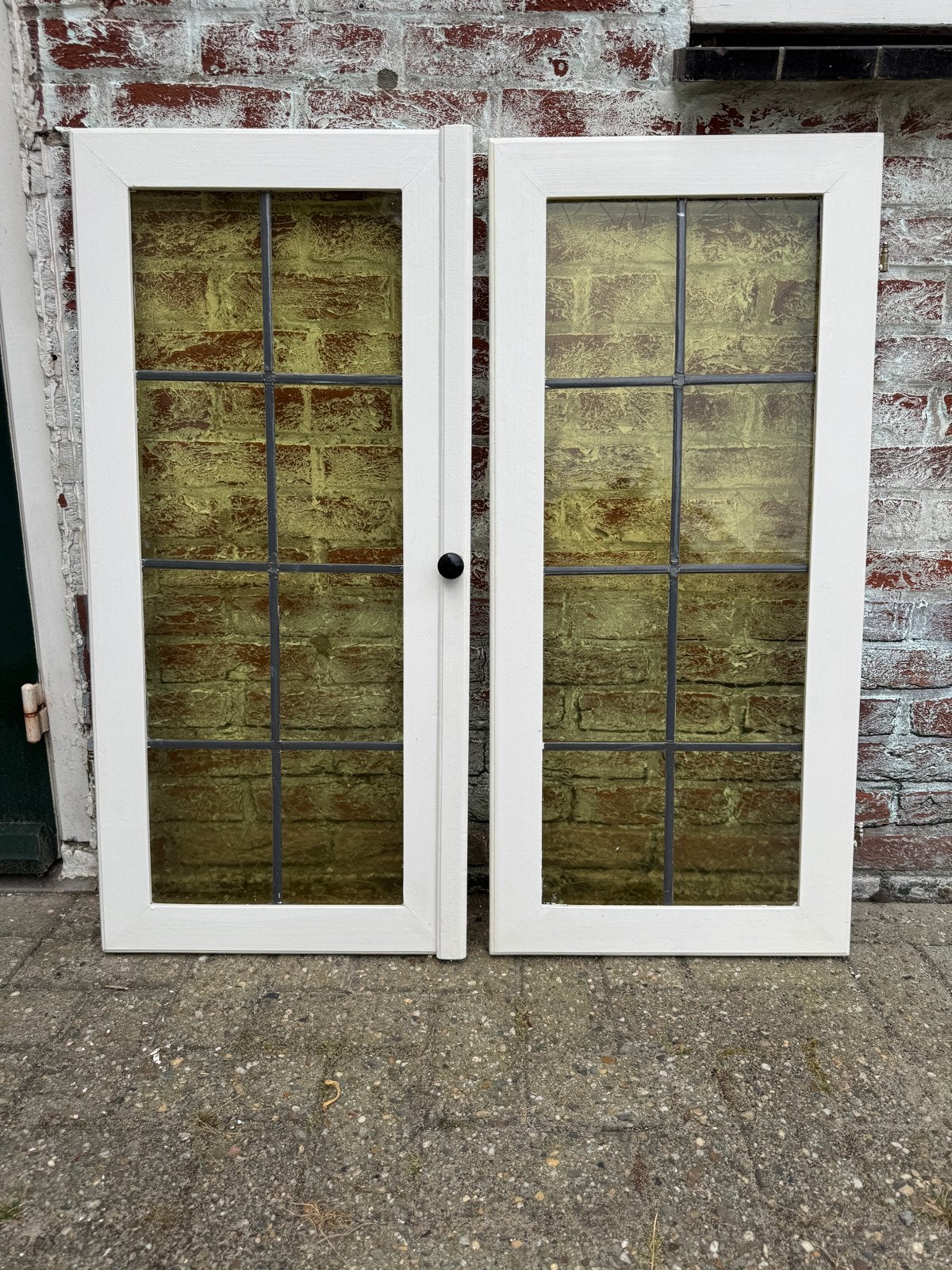 Set van 2 ramen en bovenlicht met geel glas in lood, Ophalen, Gevelraam of Ruit, Gebruikt, Minder dan 80 cm