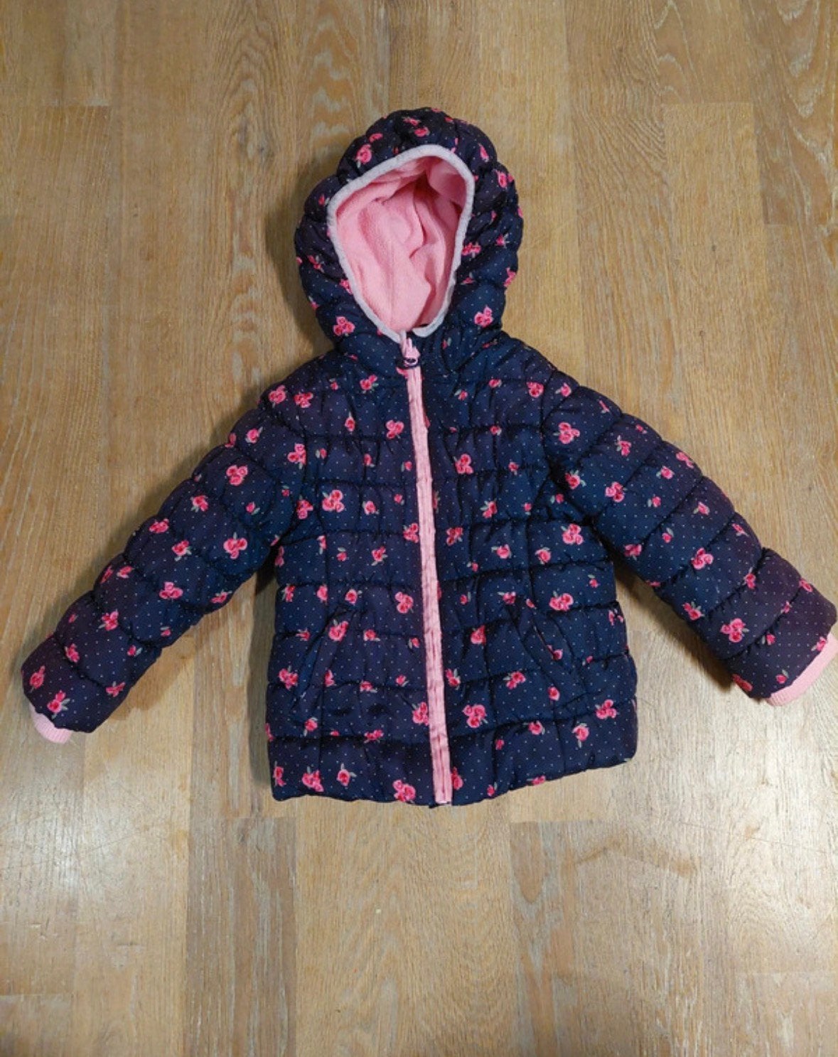 Winter jasje met capuchon, zakjes, bloemen, maat 98, Ophalen of Verzenden, Gebruikt, Jongen of Meisje, Jas