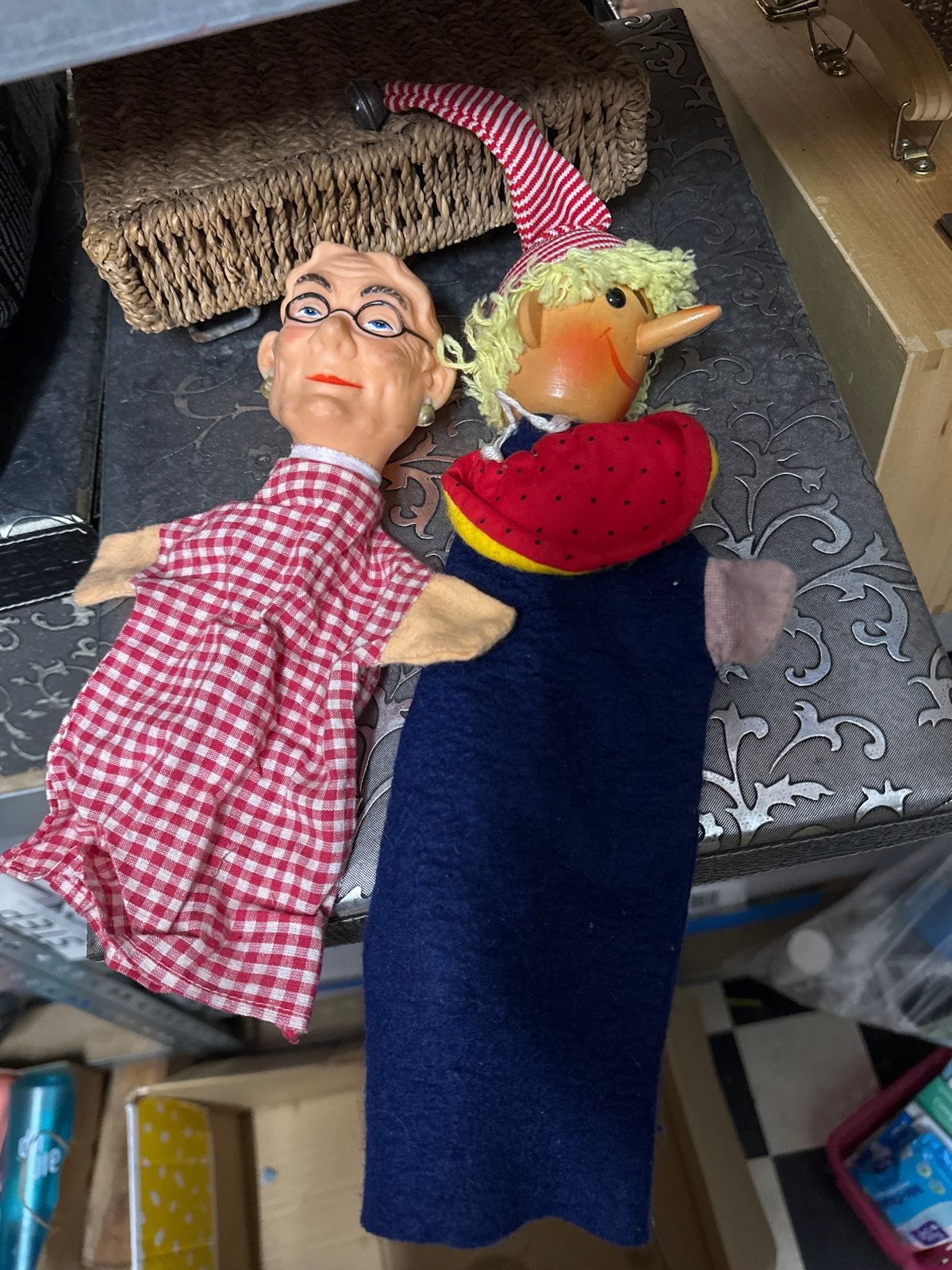 Vintage handpoppen: Oma  en Pinokkio, Ophalen of Verzenden, Gebruikt, Overige typen