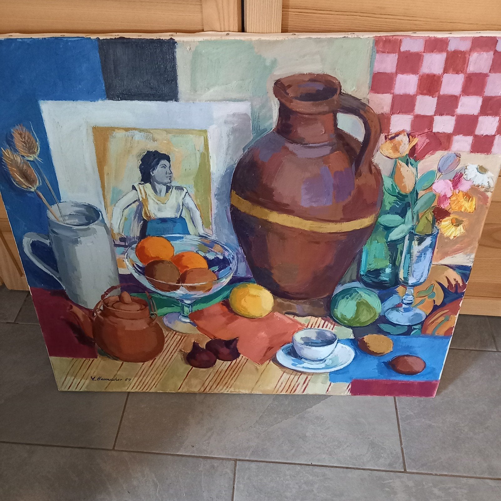 Groot Kleurrijk Modern Stilleven Olieverf op doek L.Hamacher, Antiek en Kunst, Kunst | Schilderijen | Modern, Ophalen