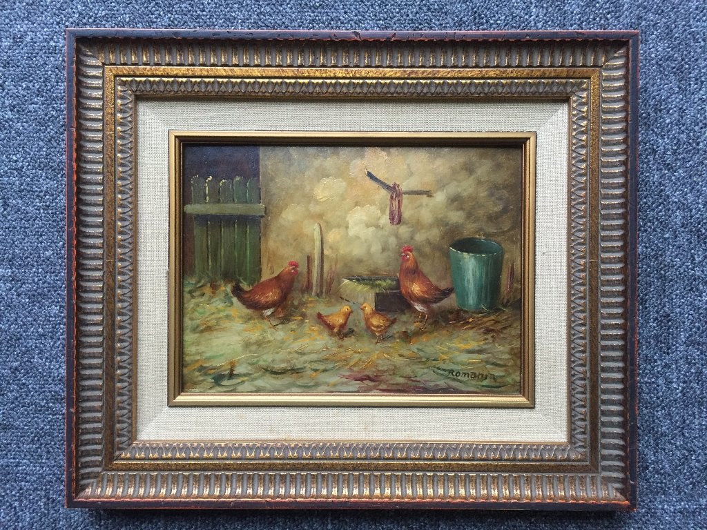 Gesigneerd olieverf Gaetano Romania,  kippen bij schuur, Paneel, Dieren, Ophalen of Verzenden, Olieverf