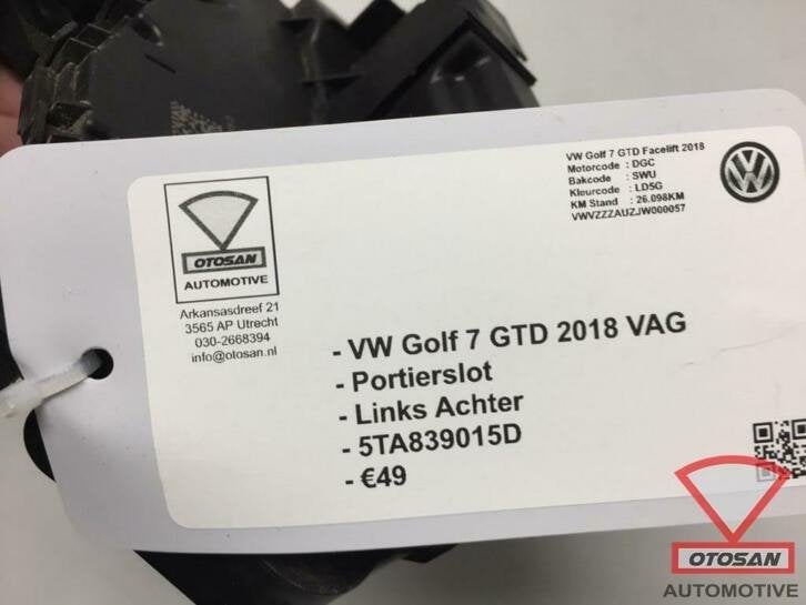vw golf 7 gtd 2018 vag portierslot links achter 5tb839015d, Gebruikt, Volkswagen, Volkswagen AG, Achter