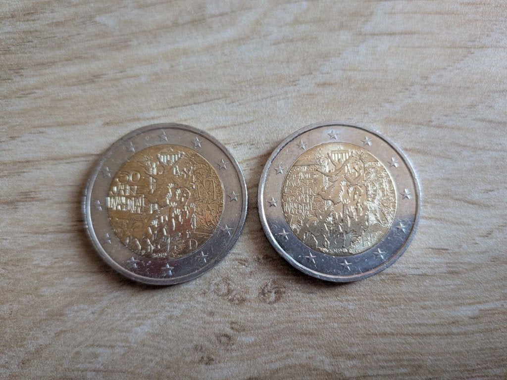 2× stuks munten 30 jaar val van de Berlijnse Muur ( 2019 ), Ophalen, Frankrijk, 2 euro, Setje