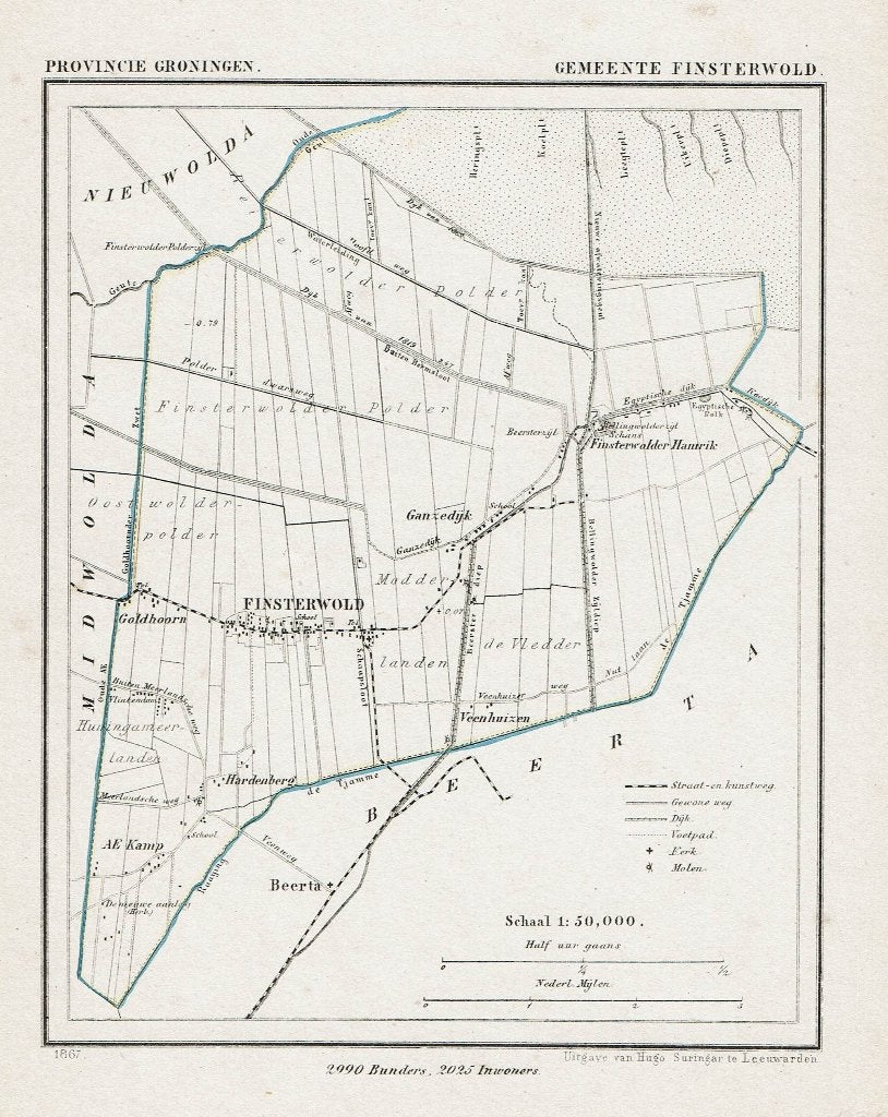 ** FINSTERWOLD ** – Litho J. Kuyper 1867, Antiek en Kunst, Origineel, Ophalen of Verzenden, Kaarten en plattegronden, Lithografie