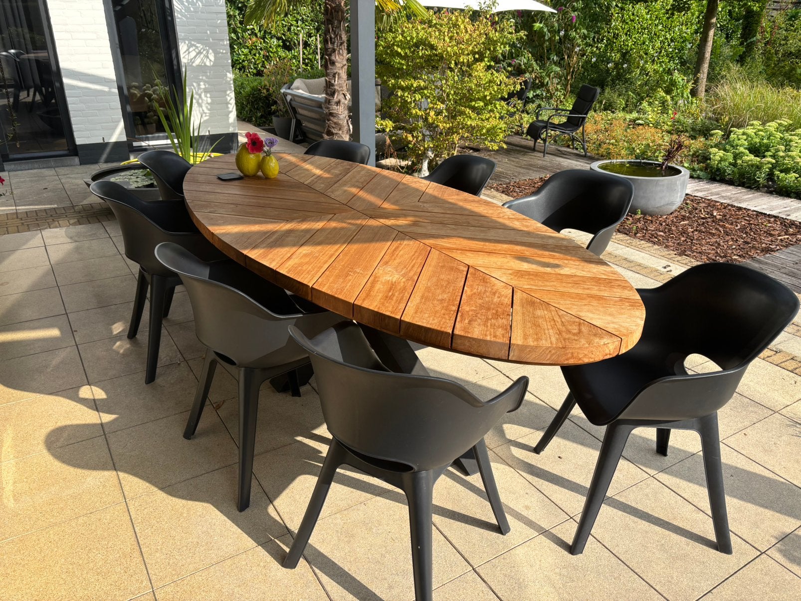 Massief teak tuintafel ovaal - 6 stoelen outdoor, Ophalen of Verzenden, Zo goed als nieuw, Teakhout