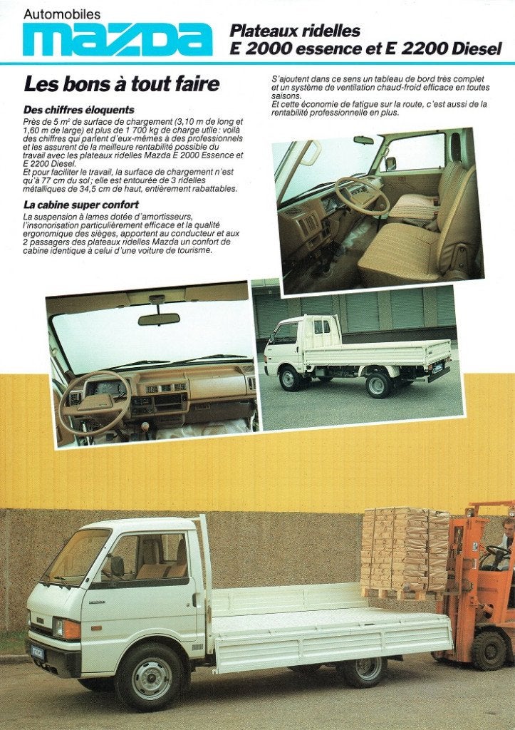Folder Mazda E-serie Plateaux Ridelles (ca.1986), Boeken, Auto's | Folders en Tijdschriften, Verzenden, Gelezen, Mazda