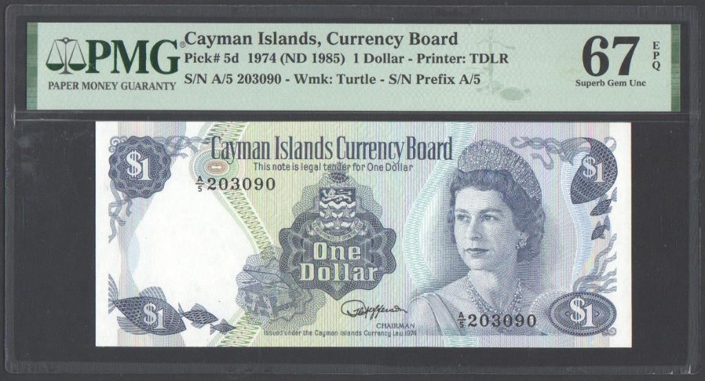 Cayman Islands 1 Dollar 1974  PMG 67 EPQ, Verzenden, Noord-Amerika, Los biljet
