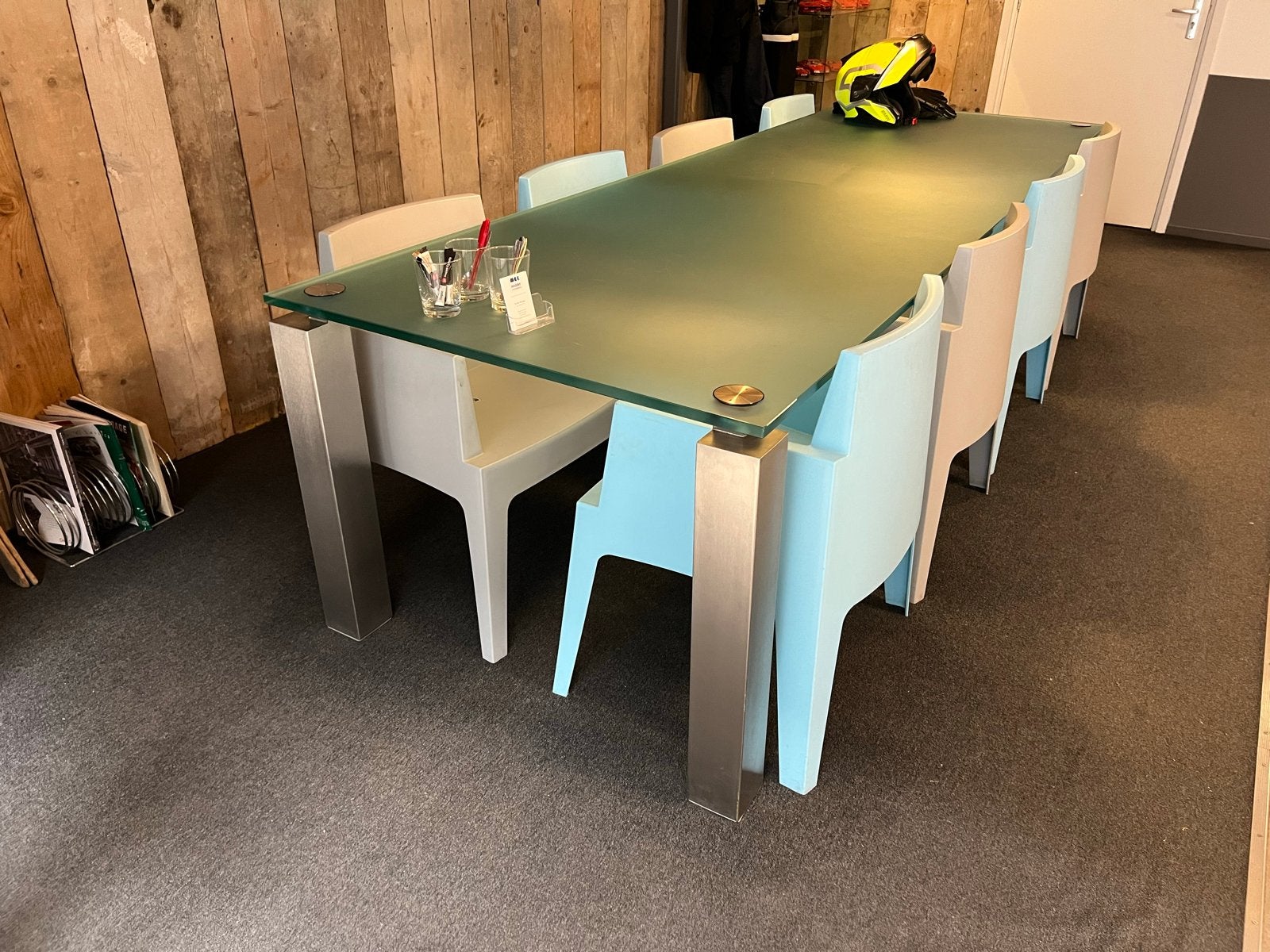 Glazen eettafel met RVS metalen poten, Huis en Inrichting, Ophalen, Gebruikt, 200 cm of meer, 50 tot 100 cm