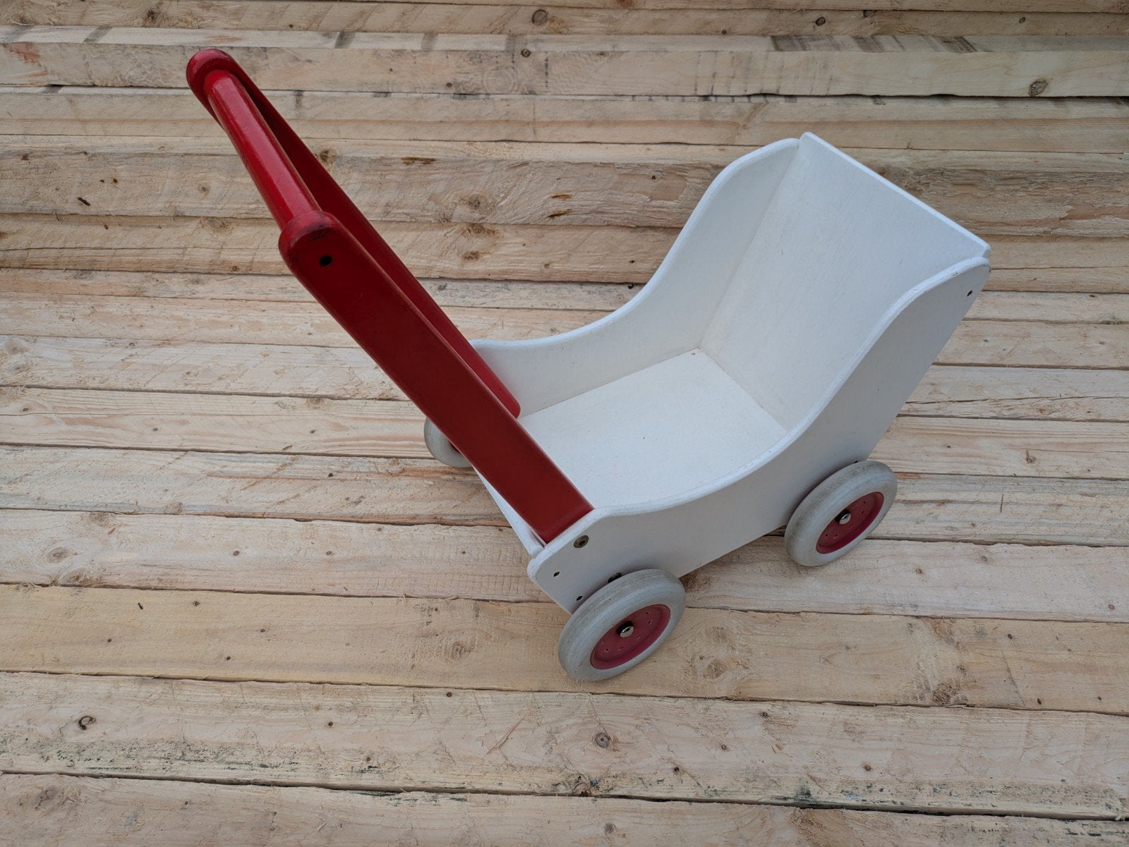 Houten loopwagen / poppenwagen wit met rode duwstang, Ophalen, Gebruikt, Jongen of Meisje