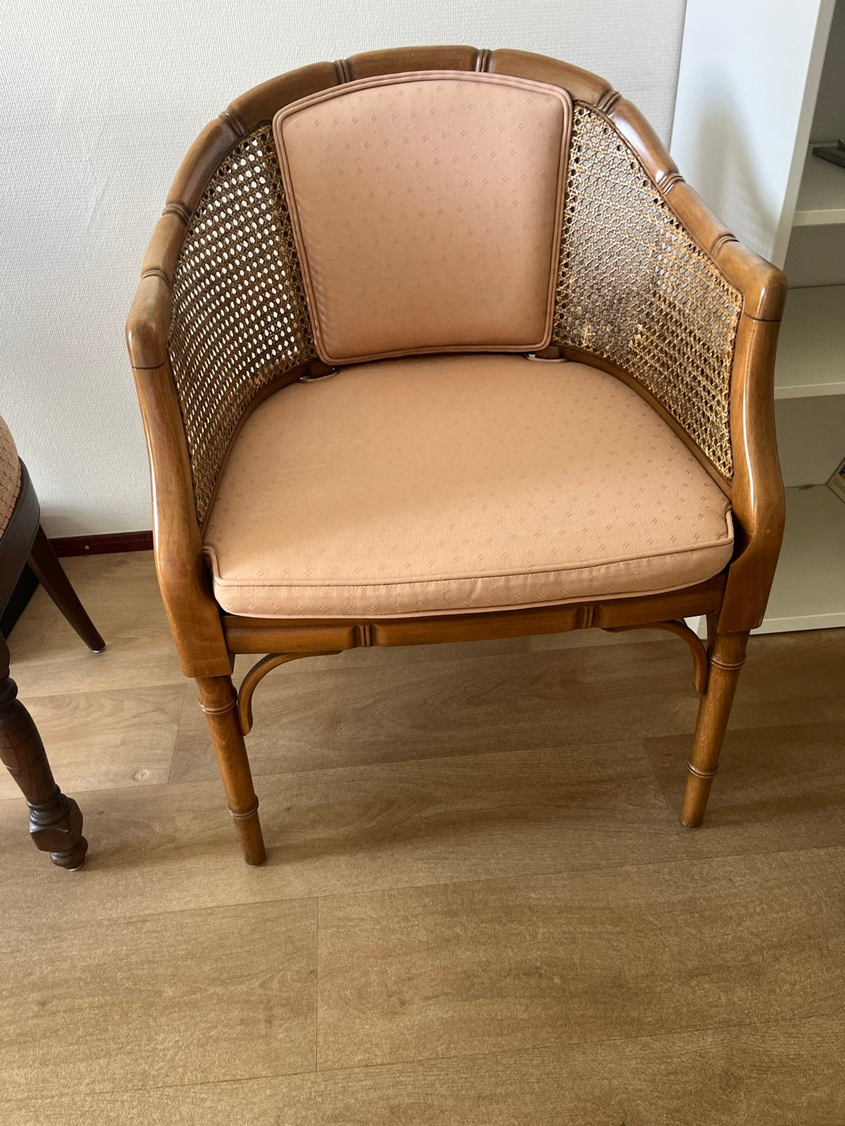 Vintage rotan fauteuil met bamboe look en kussen, Ophalen