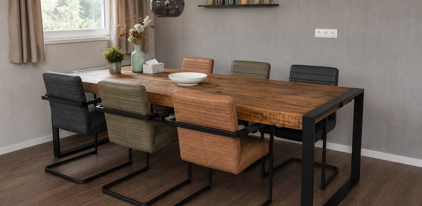 Mangohouten eettafel met 6 stoelen, Huis en Inrichting, Complete eetkamers, Ophalen, Gebruikt, Modern industrieel