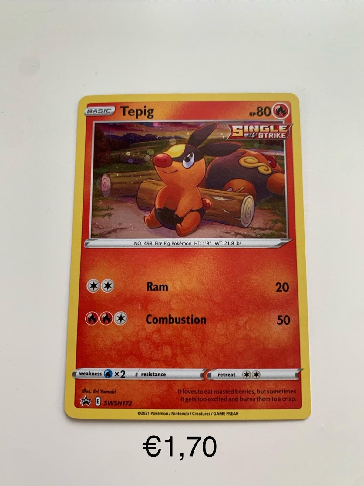 Pokémon Kaart: Tepig SWSH172 - Single Strike, Ophalen of Verzenden, Zo goed als nieuw, Losse kaart