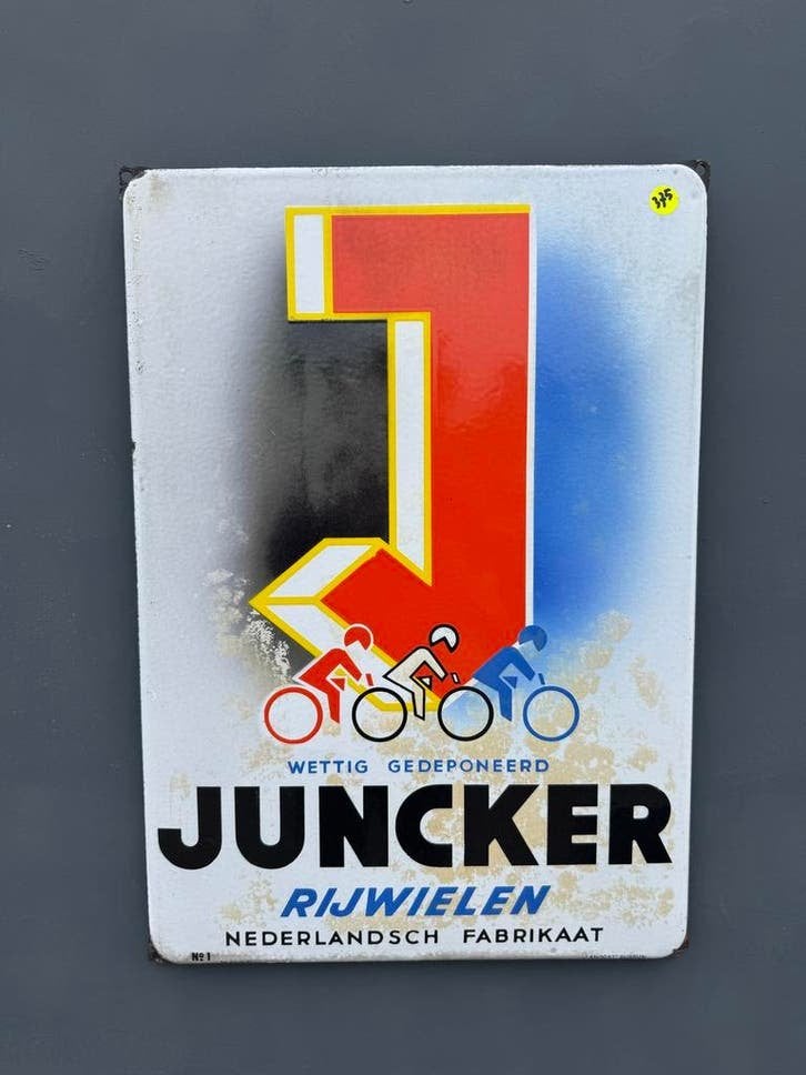Vintage Juncker Rijwielen Emaille Reclamebord - Nederlands, Antiek en Kunst, Ophalen of Verzenden