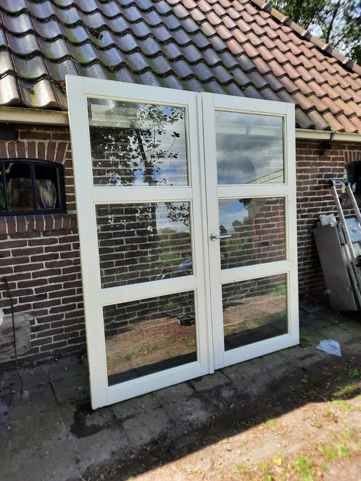 Dubbele houten deuren met glas en scharnieren, Gebruikt, Binnendeur, 200 tot 215 cm, Glas
