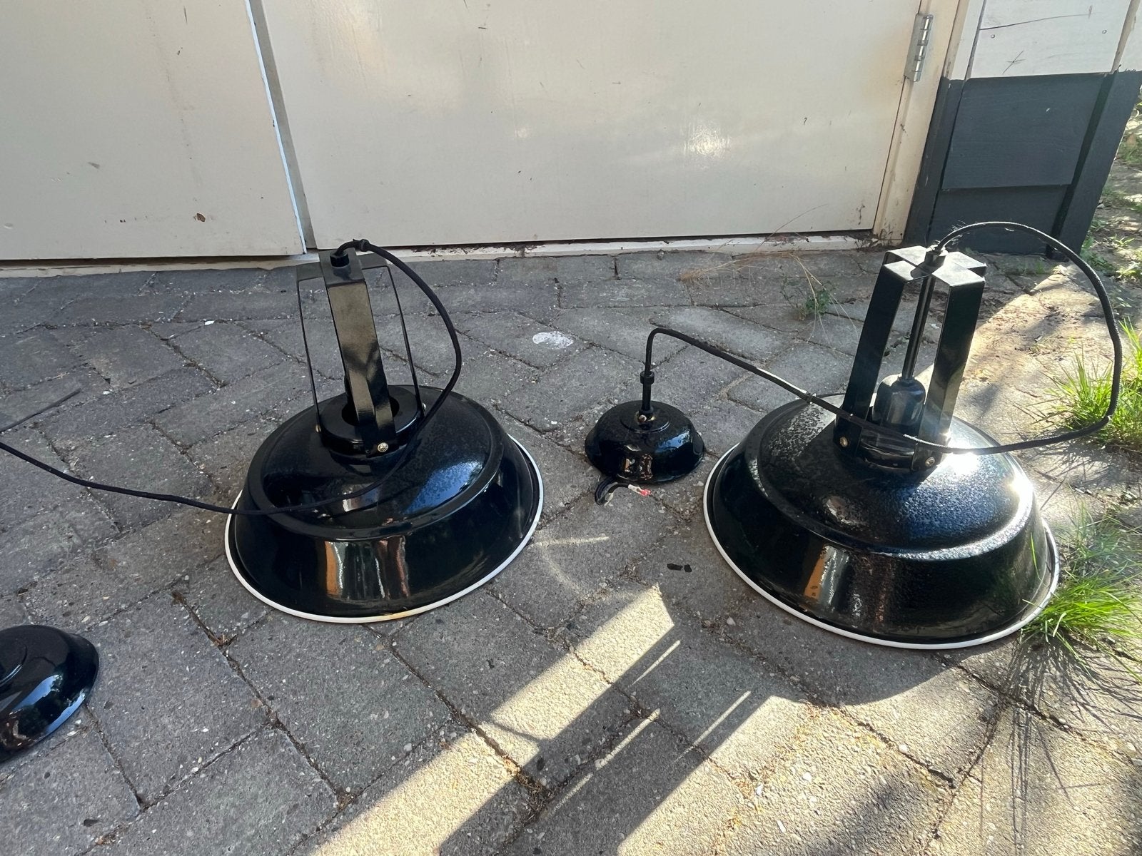 Set van 2 zwarte hanglampen voor eettafel of veranda, Ophalen of Verzenden, Gebruikt, Metaal