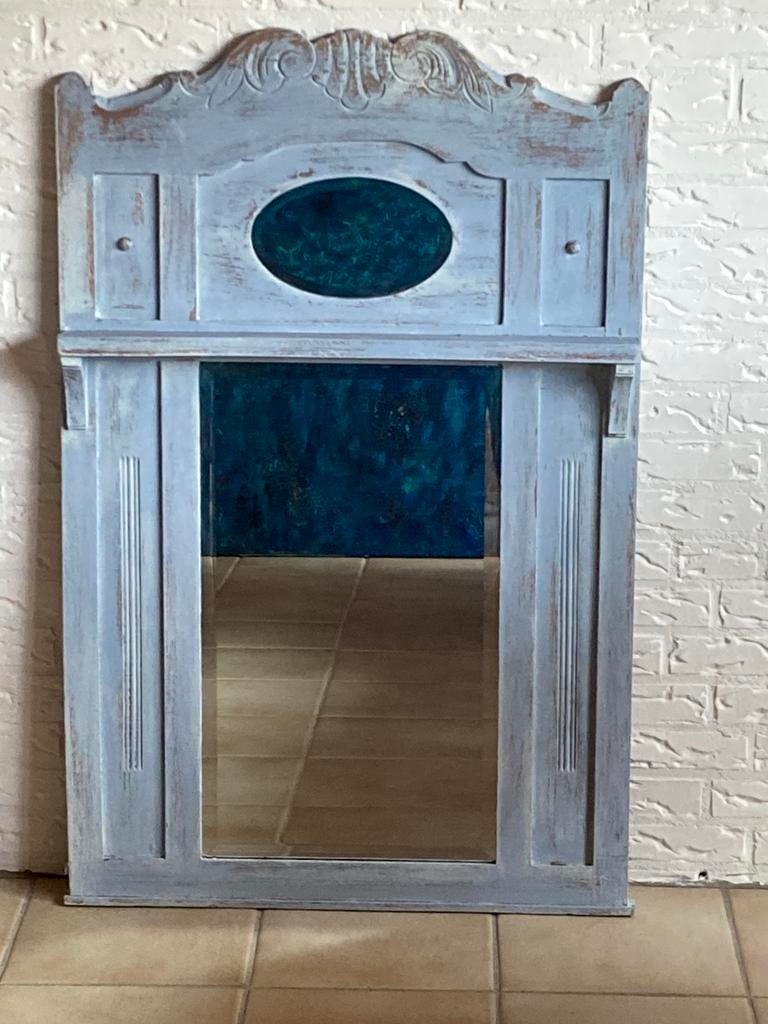 Unieke brocante Kuifspiegel/ Damspiegel, Annie Sloan blue, Ophalen, Rechthoekig, 50 tot 100 cm, 100 tot 150 cm