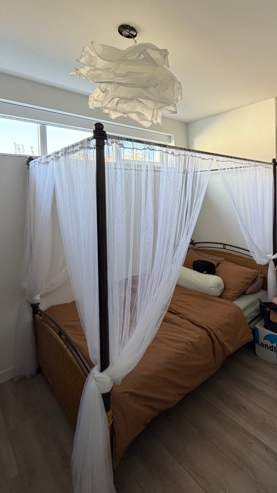 Vintage Canopy Bed 160x200 – Rattan + Curtains, Ophalen, Gebruikt, Bruin, Vintage