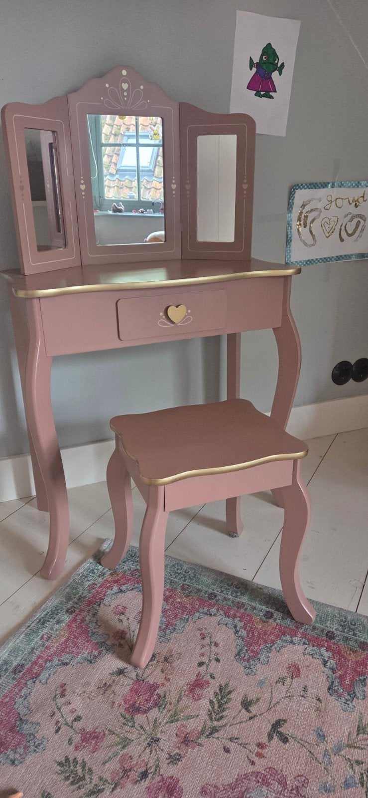 Kaptafel / make-up tafel roze met Krukje en 3 Spiegels, Ophalen, Zo goed als nieuw, Tafel(s) en Stoel(en)