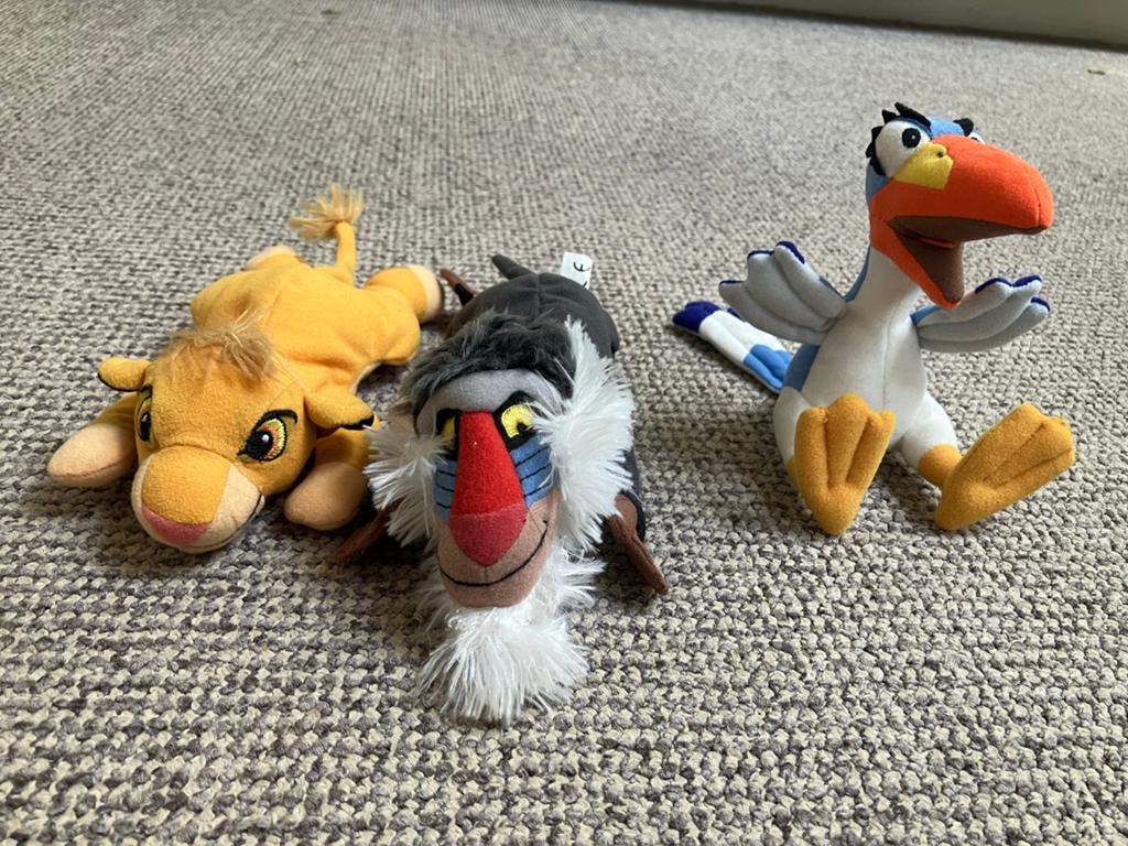 Disney Leeuwenkoning knuffels: Simba, Rafiki, Zazu (3 stuks), Ophalen of Verzenden, Zo goed als nieuw