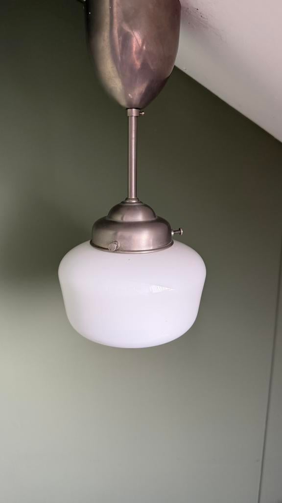 Vintage pendellamp hanglamp Gispen, art deco stijl, Gebruikt, Ophalen of Verzenden, Glas, Art deco, gispen, jaren '30 kleine schoollamp