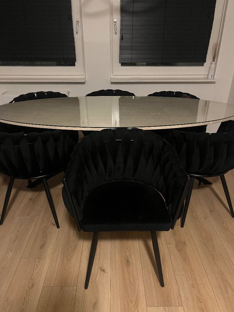 ZGAN: 6 zwart gevlochten eetkamerstoelen, Huis en Inrichting, Stoelen, Ophalen, Velours, Zwart, Zo goed als nieuw