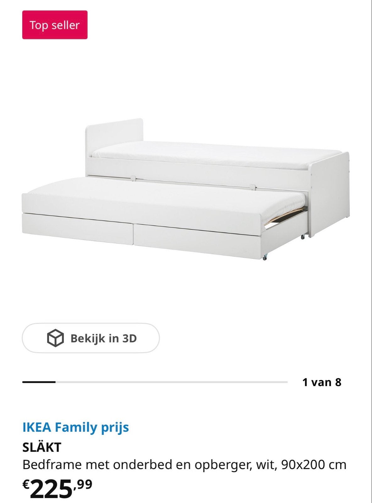 IKEA SLÄKT bedframe met onderbed en opberger, wit, Ophalen, 85 tot 100 cm, Zo goed als nieuw, Lattenbodem