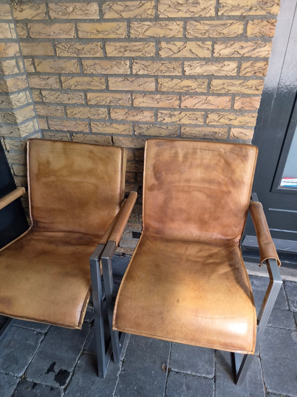 6 Leren eetkamerstoelen met geborsteld RVS onderstel, Huis en Inrichting, Stoelen, Ophalen