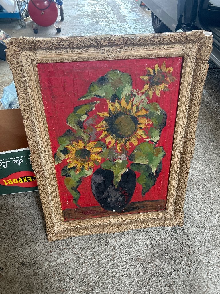 Oude kader met zonnebloemen, Doek, Klassiek, Origineel werk, Gemengde techniek