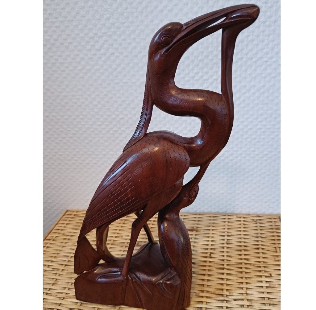 Houten reiger met jong, Ophalen, 20 - 50 cm, Beeld, Hout