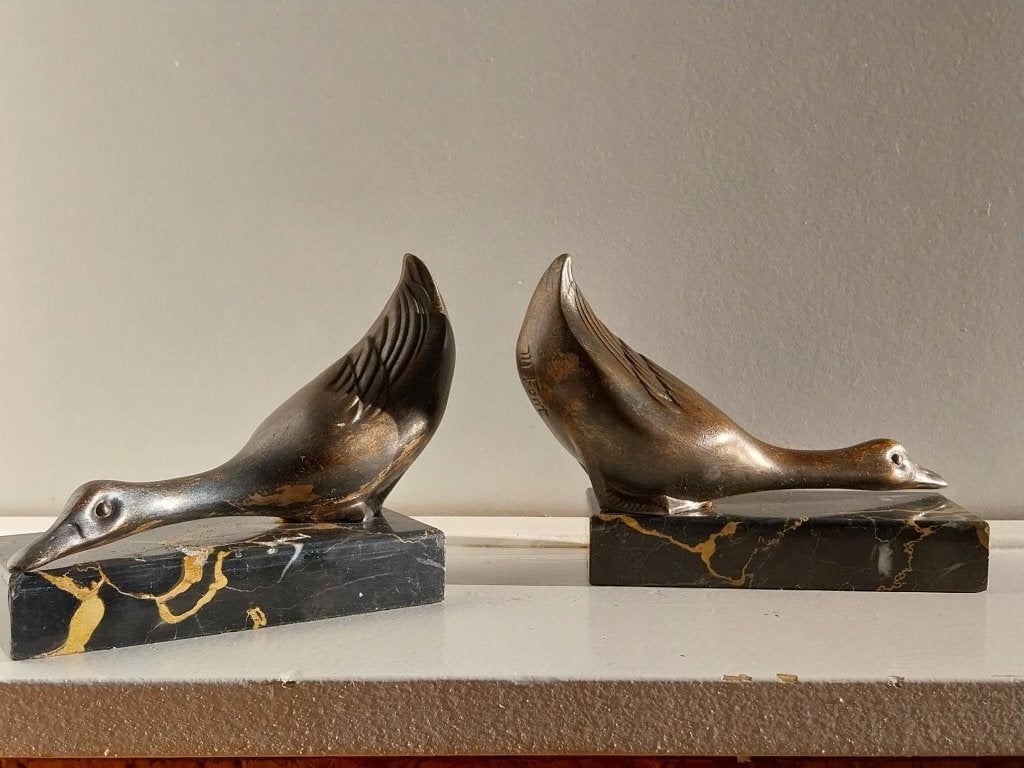 Art Deco boeksteunen ganzen eenden Maurice Font zamak marmer, Ophalen of Verzenden