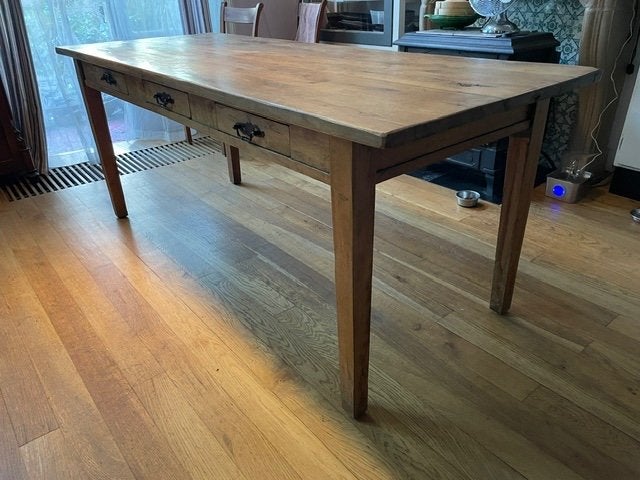 Zware rustieke massief eiken eettafel met 3 lades, Ophalen, Gebruikt, Eikenhout, 50 tot 100 cm