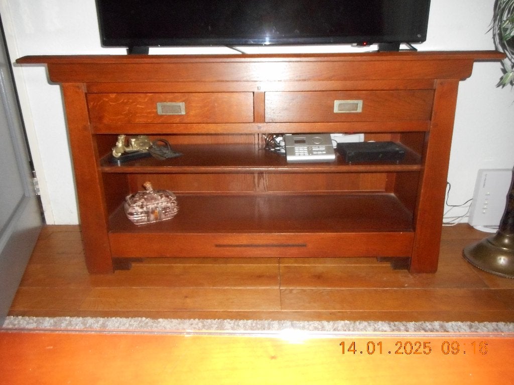 Eiken TV meubel art deco Amsterdamse school, Ophalen, 100 tot 150 cm, Eikenhout, Zo goed als nieuw