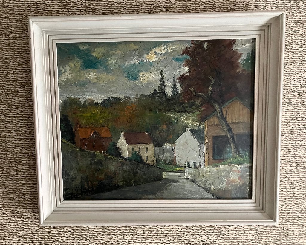 Jos Frissen - dorpsgezicht, Impressionistisch, Ophalen of Verzenden, Gesigneerd, Olieverf