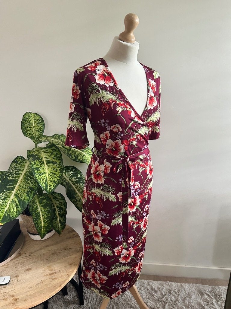 King Louie maat XL bloemen cross jurk 3418, Maat 46/48 (XL) of groter, Ophalen of Verzenden, Zo goed als nieuw, Knielengte