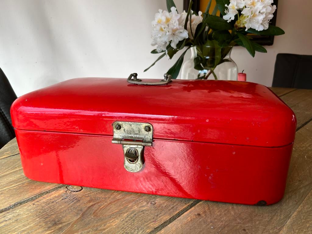 Vintage rode emaille broodbak - Retro keuken decoratie, Ophalen of Verzenden