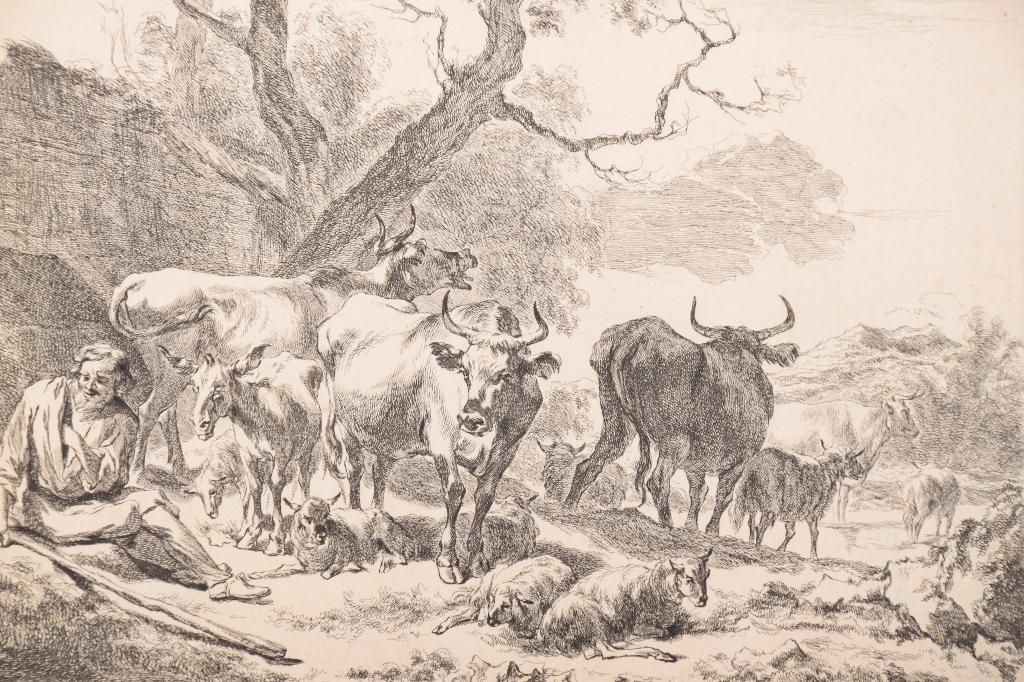 Cornelis Visscher naar Nicolaes Pietersz. Berchem, Antiek en Kunst, Kunst | Etsen en Gravures, Ets, Blanco verso, Gesigneerd, Met passe-partout