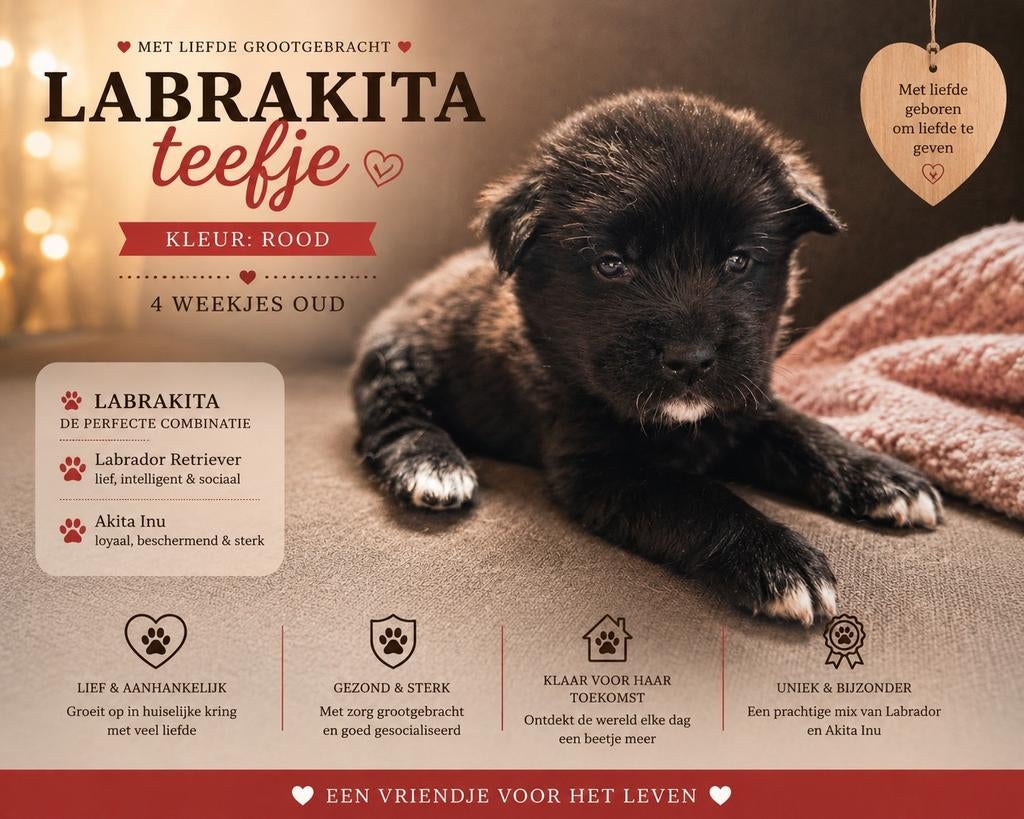 Unike Labrakita pups te koop (labrador x Akita), Parvo, 8 tot 15 weken, Labrador retriever, Meerdere
