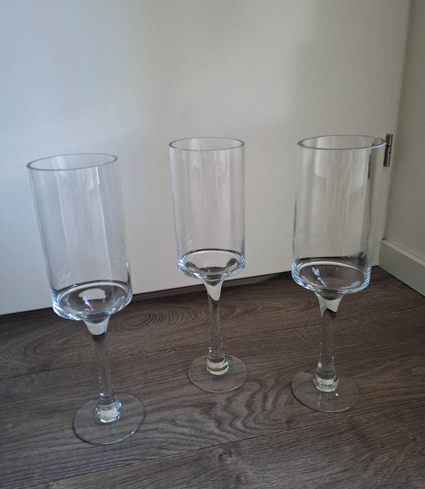Set van 3 hoge glazen vazen/kandelaars, Ophalen, Zo goed als nieuw, Transparant, Glas