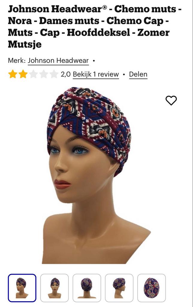 Johnson Headwear Chemo Muts Nora - Dames Muts, Ophalen of Verzenden, Nieuw, One size fits all, Hoed