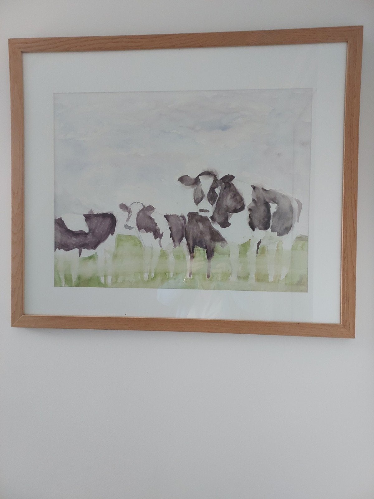 koeien in de nevel, aquarel ingelijst. 70 x 90 cm, Ophalen, Aquarel, Papier/karton, Achter glas