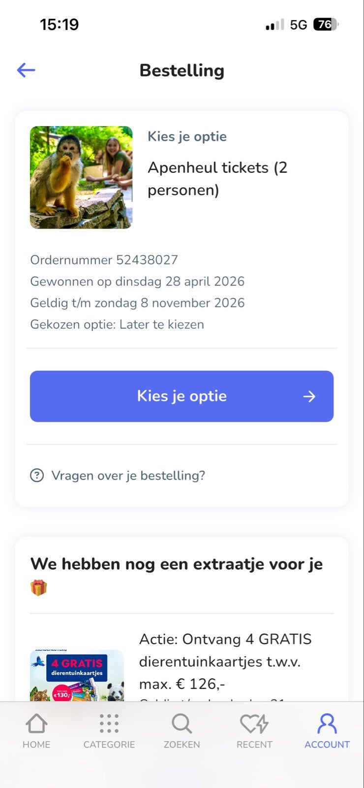 2 kaartjes voor de apenheul, Tickets en Kaartjes, Twee personen, Ticket of Toegangskaart