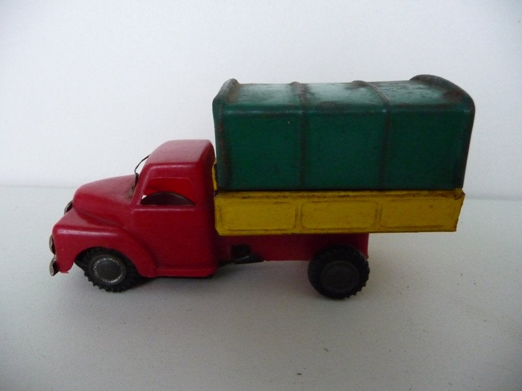 oud VRACHTWAGENTJE met blikken laadbak- lang 10 cm, Antiek en Kunst, Antiek | Speelgoed, Ophalen of Verzenden