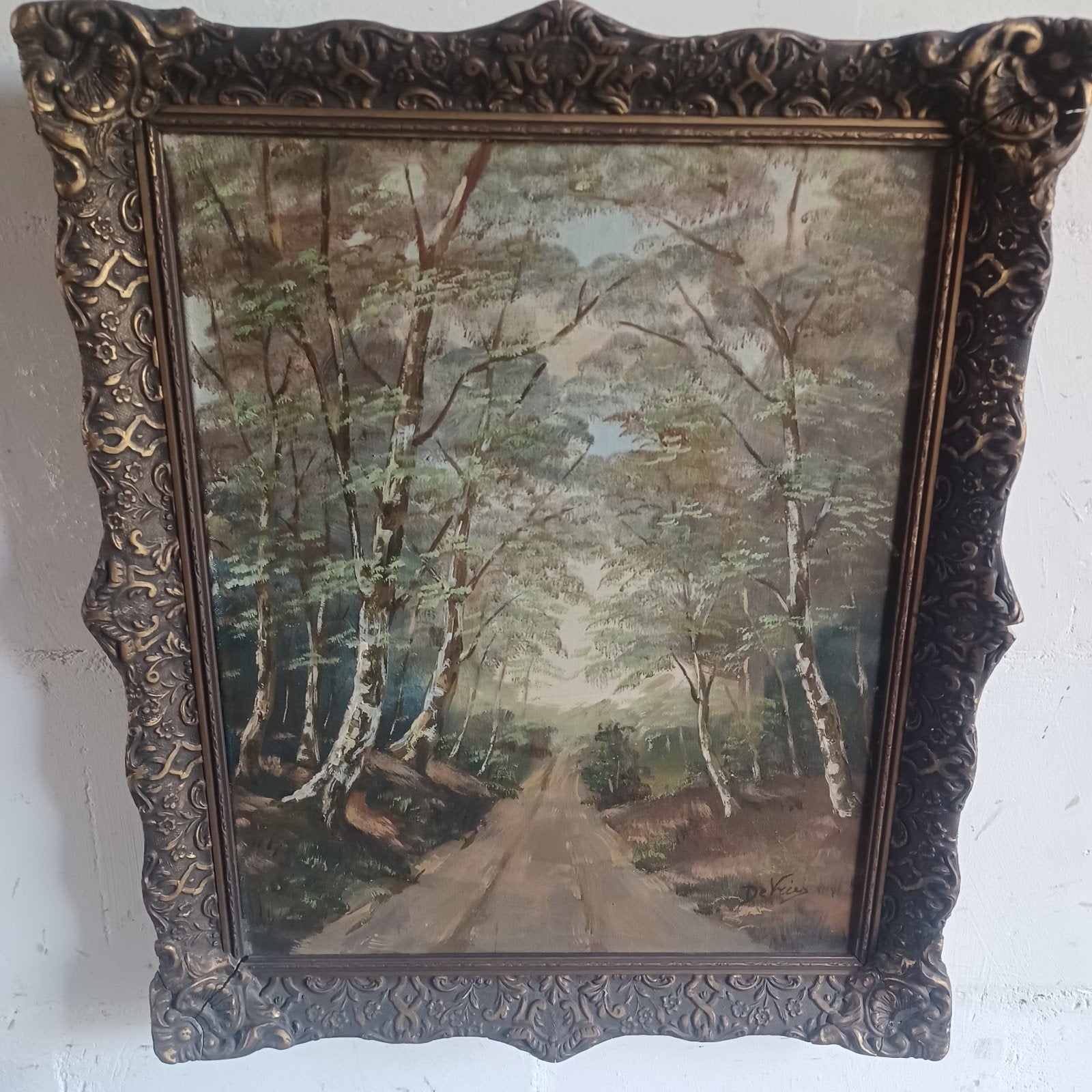 Schilderij: Bosgezicht met pad, gesigneerd De Vries, Doek, Realistisch, Landschap, Olieverf