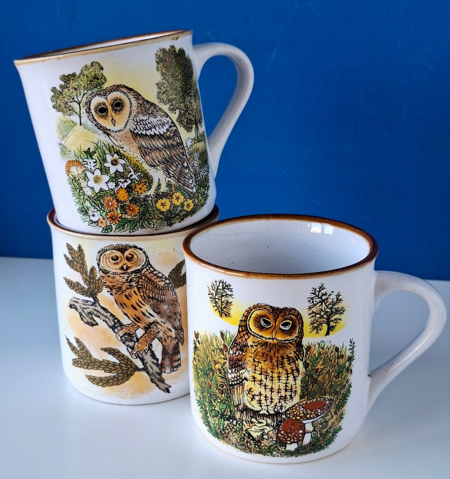 Vintage mokken/met uilen/herfst, Ophalen of Verzenden, Aardewerk, Overige stijlen, Kop(pen) en/of Schotel(s)