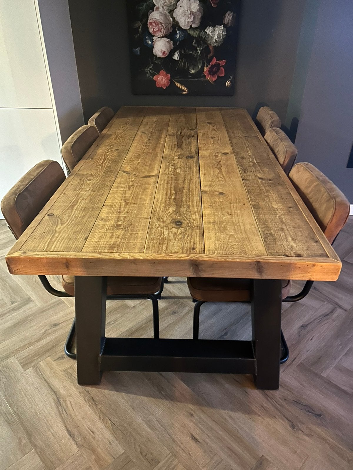 Steiger houten tafel / 6 stoelen, Ophalen, 200 cm of meer, 50 tot 100 cm, Zo goed als nieuw