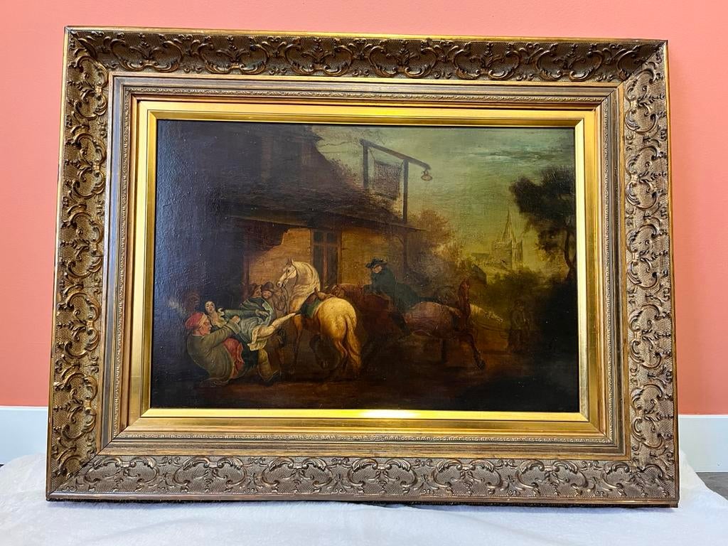 Schilderij op paneel, scene buiten een herberg k.Venneman, Ophalen of Verzenden