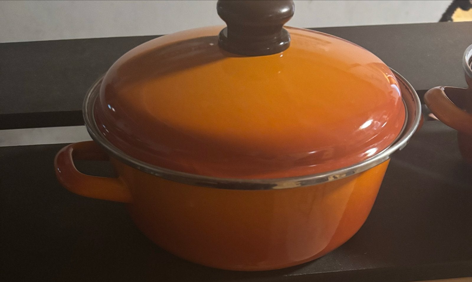 Vintage Oranje Emaille Kookpan met Deksel, Ophalen of Verzenden