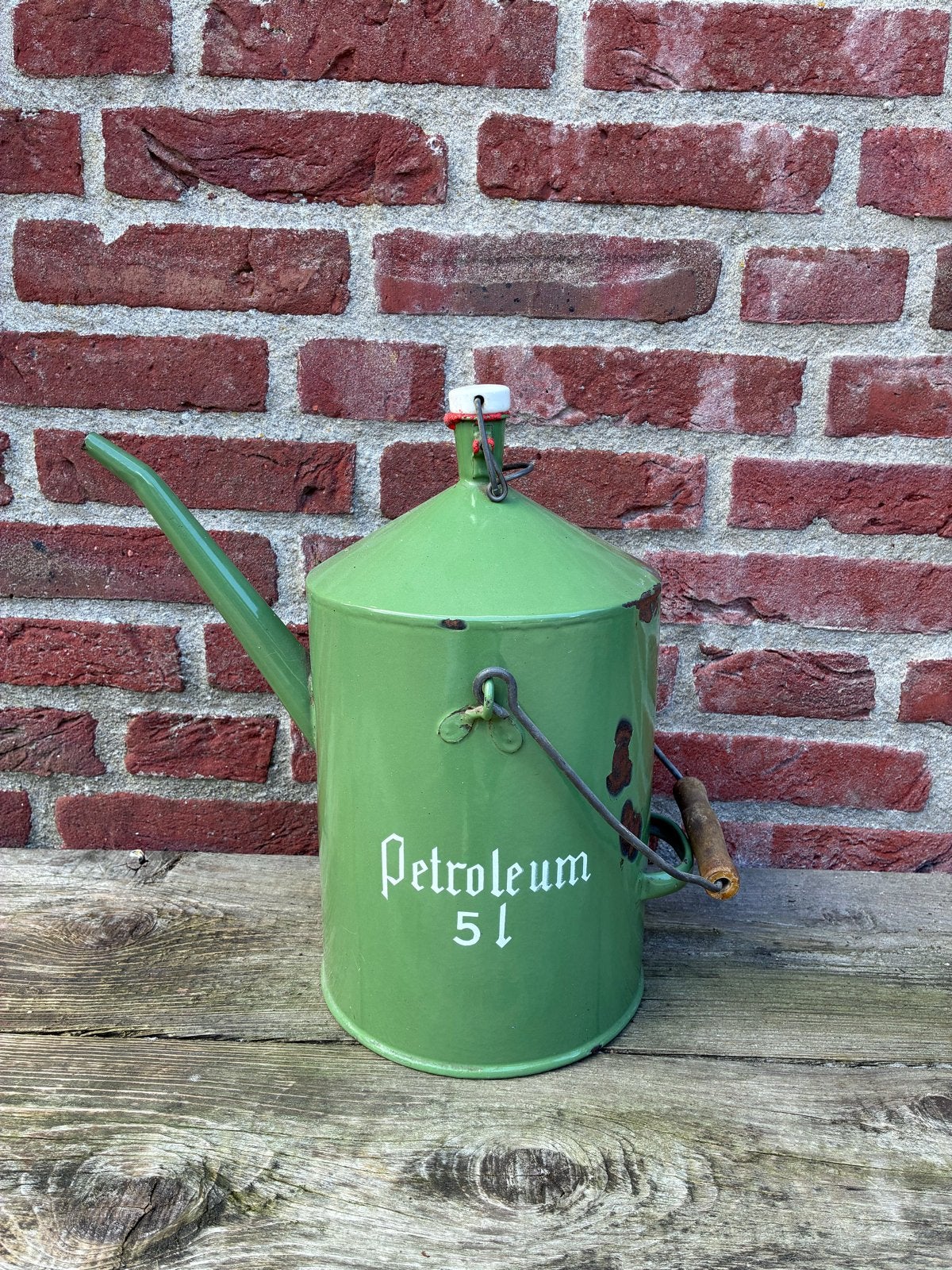 Vintage Petroleum Kan 5L - Groen emaille met klein gaatje, Ophalen of Verzenden