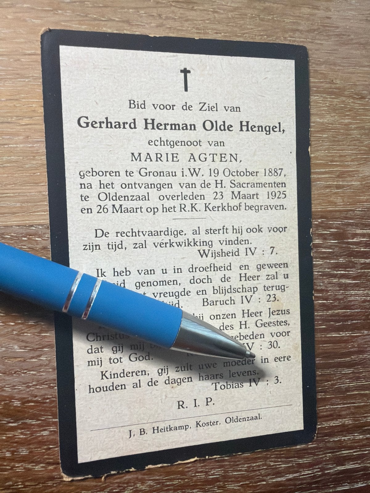 Olde Hengel Gerhard 1887 Gronau 1925 Oldenzaal x Agten, Ophalen of Verzenden, Bidprentje